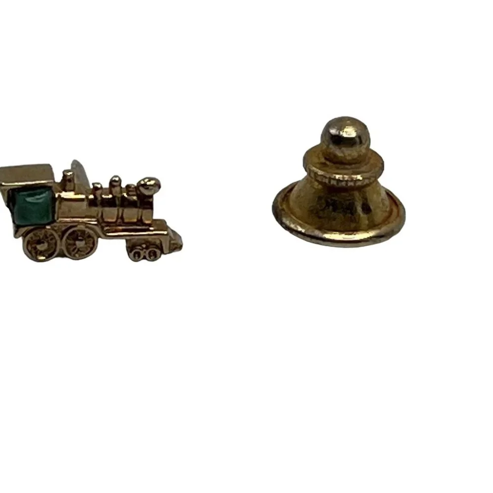 Vintage Swank Train Engine Tie Tack Pin Gold Tone Green Accent‎ Railroad Pin